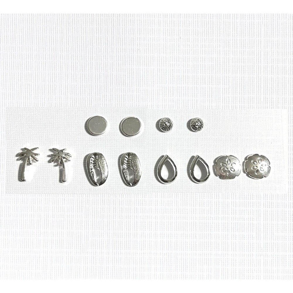 Lot Silver Tone Pierced Earrings Studs 6 Pairs Beach Sand Dollar Palm Tree Shell